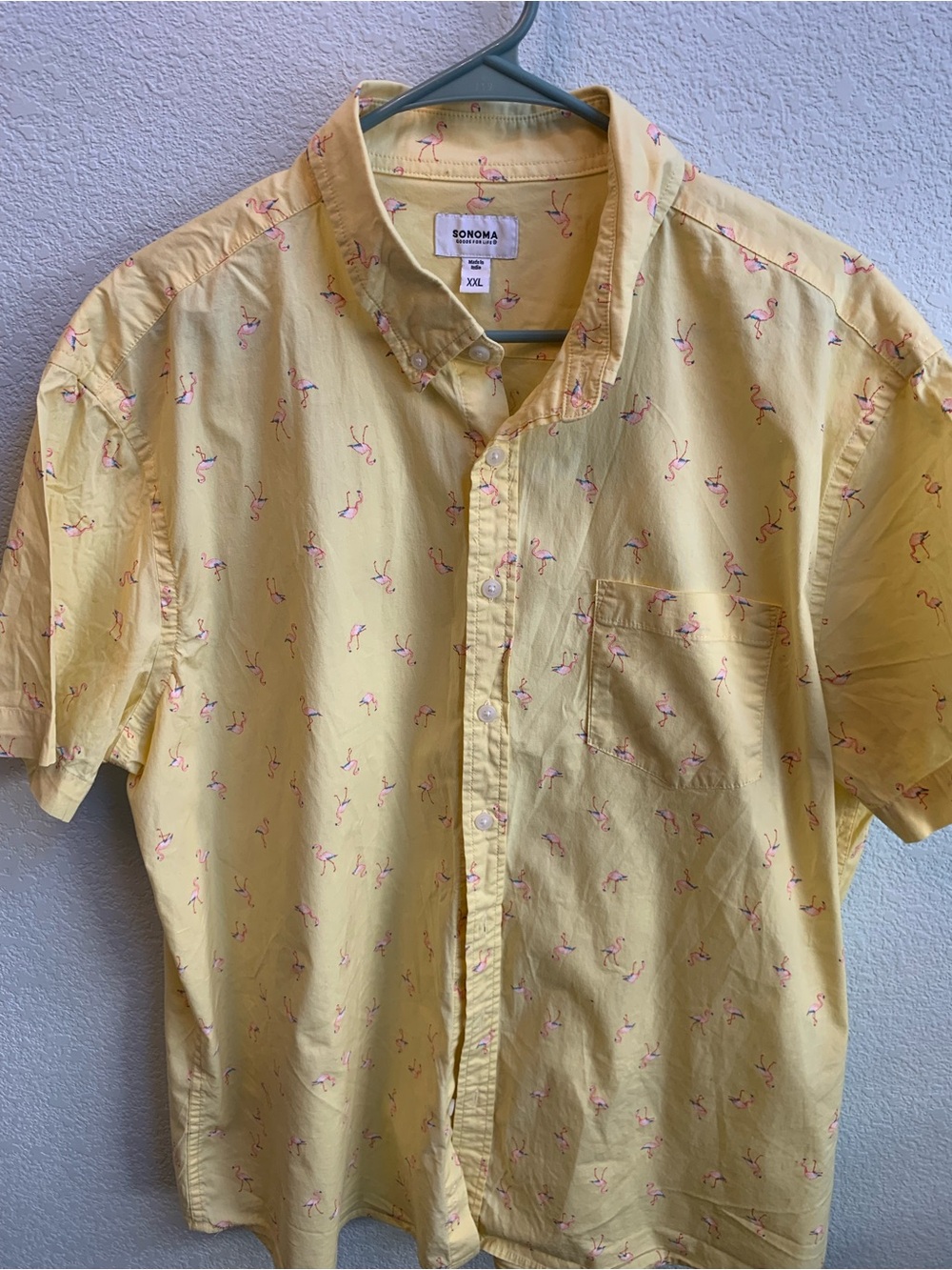 SONOMA Yellow Short-Sleeve Button-Down Shirt with Pink Flamingo Print